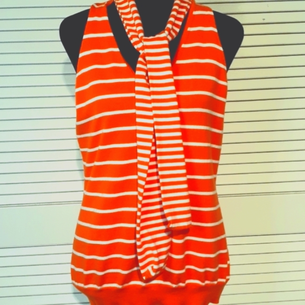 Lauren by Ralph Lauren Orange Striped Sleeveless Knit Top Size L